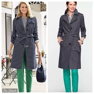 Talbots Navy Striped Trench Coat Size Large NWOT No callouts Retail $149